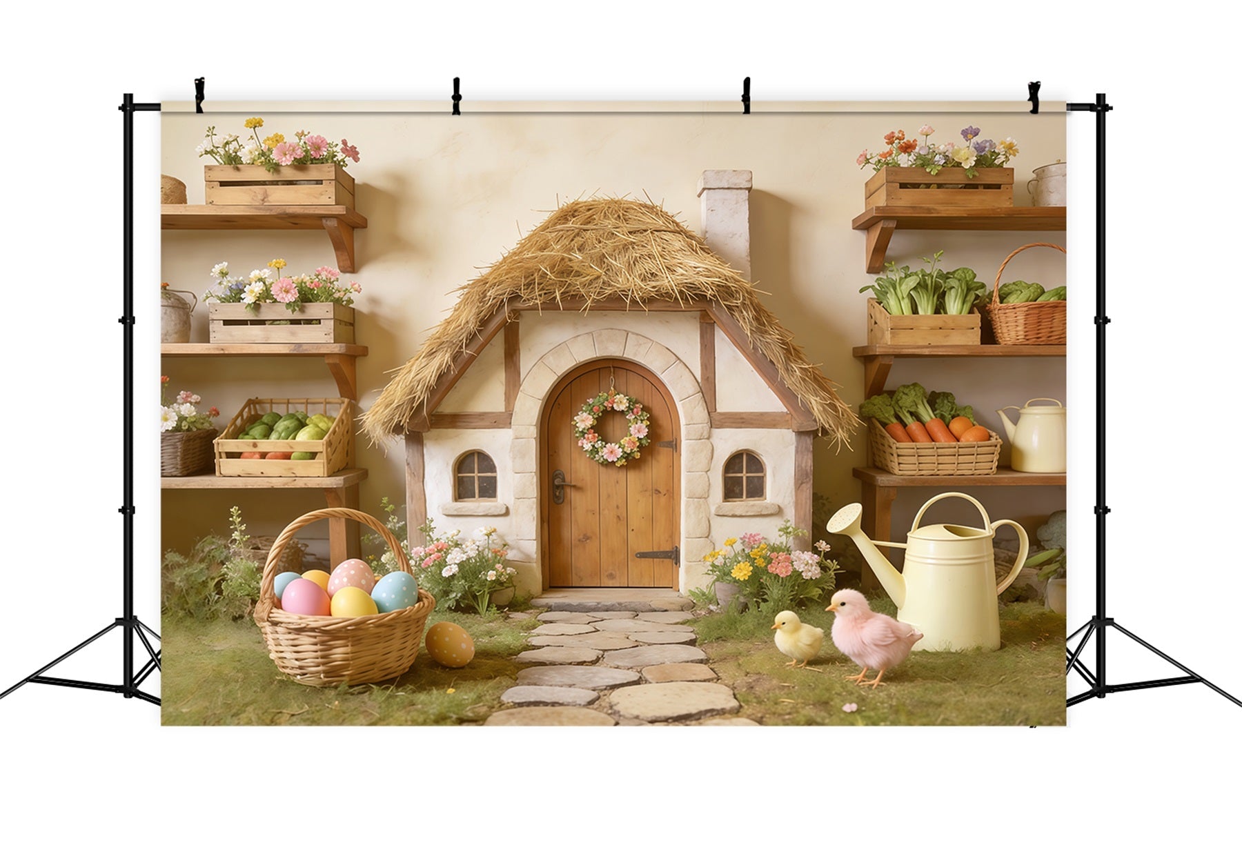 Oster-Marshmallow-Küken-Hintergrund Strohdach-Hütte Eierkorb Oster-Hintergrundbilder Foto CSH62-87