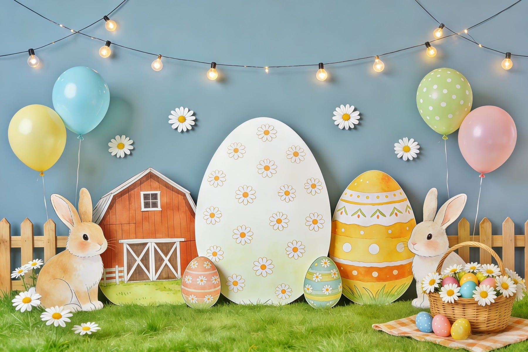 Oster-Hintergrund im rustikalen Stil Bauernhof-Ausschnitt Gänseblümchen-Eier Oster-Hintergrund Beleuchtung & Studio CSH62-88