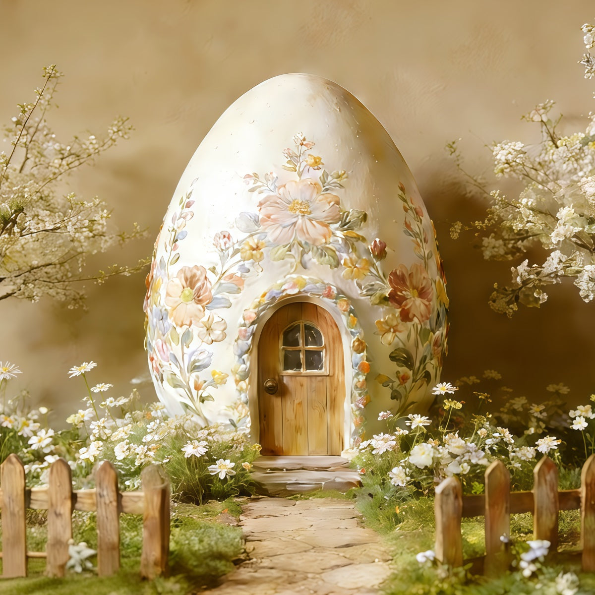 Oster-Hintergrund im Cottage-Garten Stil Blumen-Ei-Haus Blüten Ideen für Oster-Fotografie-Hintergründe CSH62-89