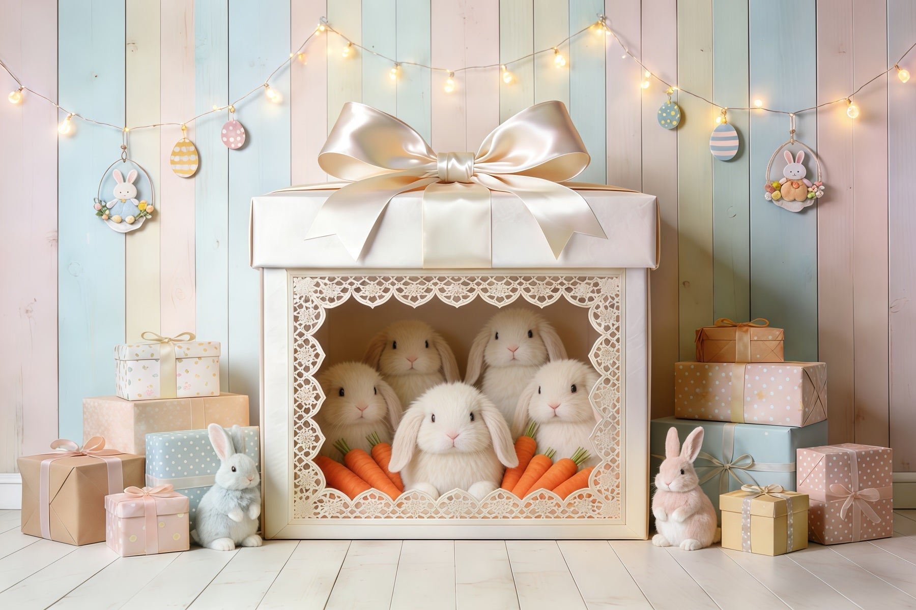 Oster-Hintergrund im niedlichen Stil Geschenkbox Hase Karotten Oster-Hintergrund Fotoshooting CSH62-90