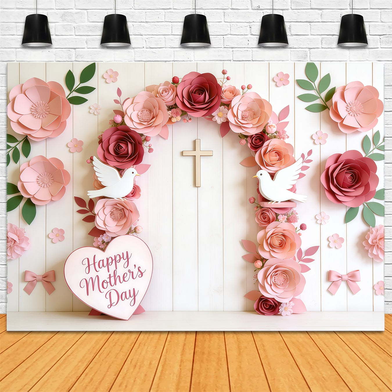 Kirchenhintergrund zum Muttertag, Papierrose, Taube, Kreuzbogen, Fotohintergrund zum Muttertag CSH63-102