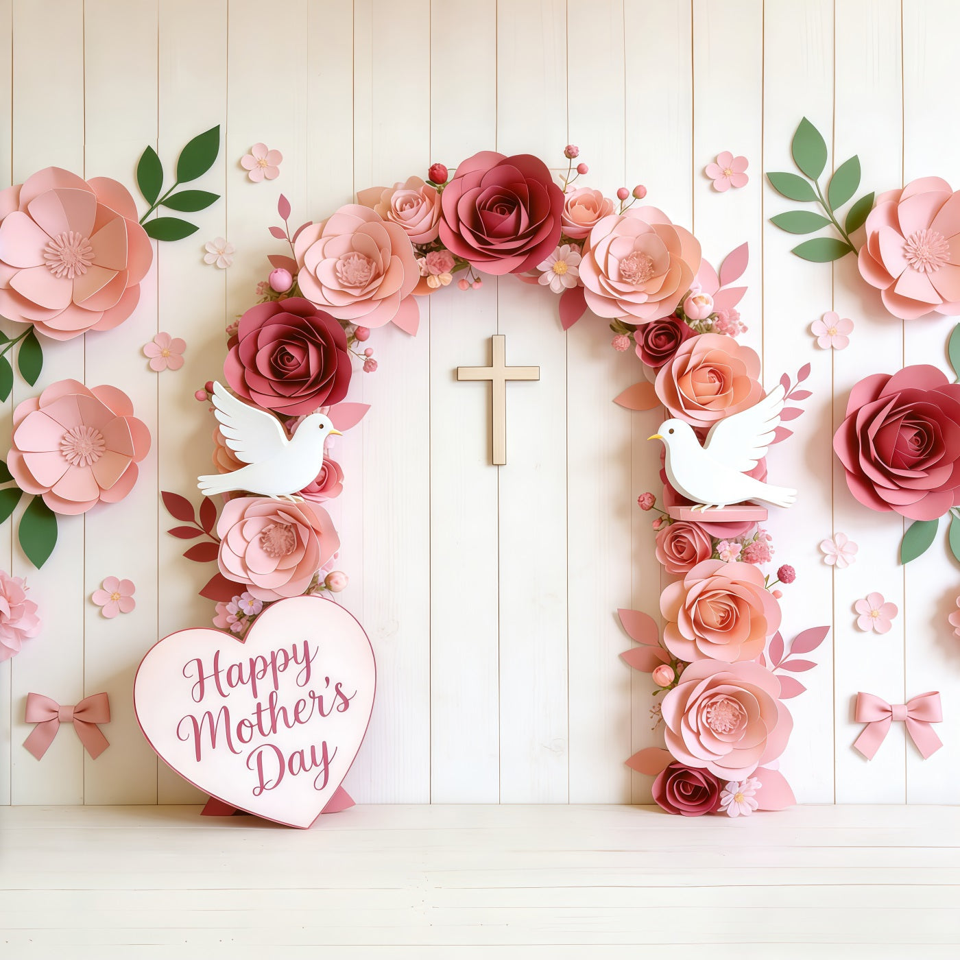 Kirchenhintergrund zum Muttertag, Papierrose, Taube, Kreuzbogen, Fotohintergrund zum Muttertag CSH63-102