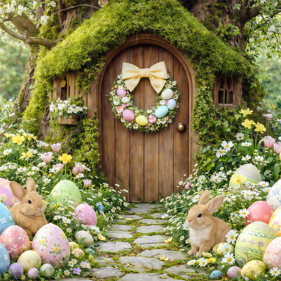 Oster-Waldweg-Hintergrund Wald Hase Cottage Bemalte Eier Frohe Ostern-Hintergrund CSH63-12