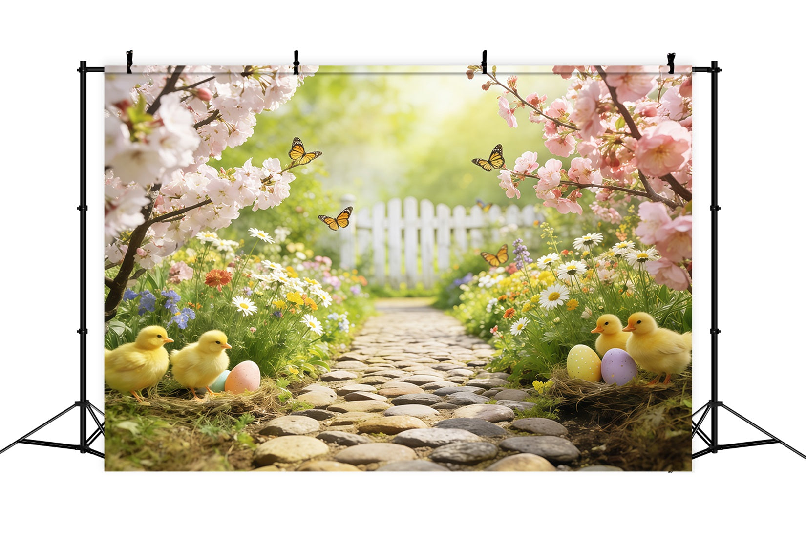 Marshmallow-Küken-Hintergrund Kirschblüten-Gartenweg Osterfotografie-Hintergrund CSH63-20