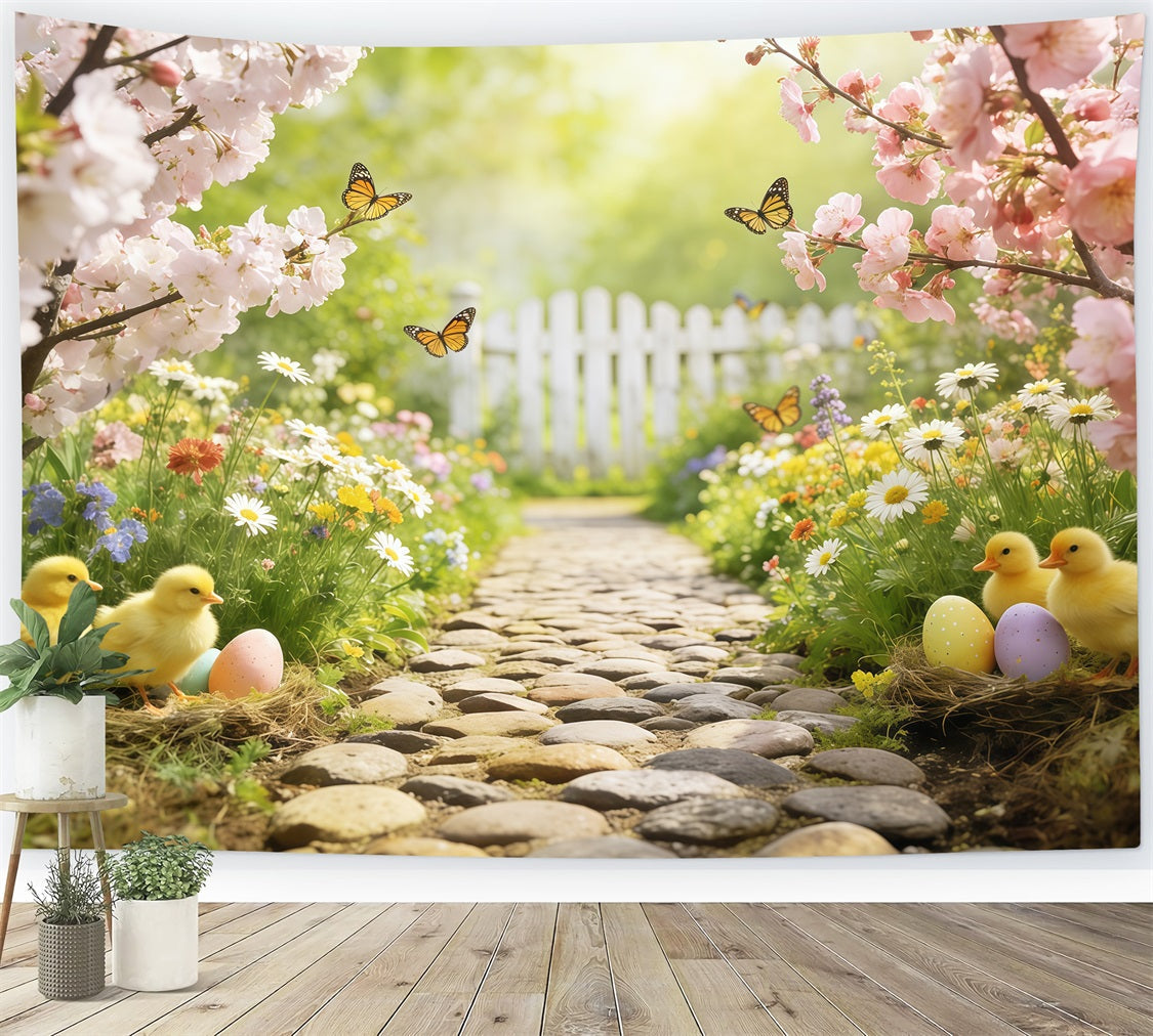 Marshmallow-Küken-Hintergrund Kirschblüten-Gartenweg Osterfotografie-Hintergrund CSH63-20