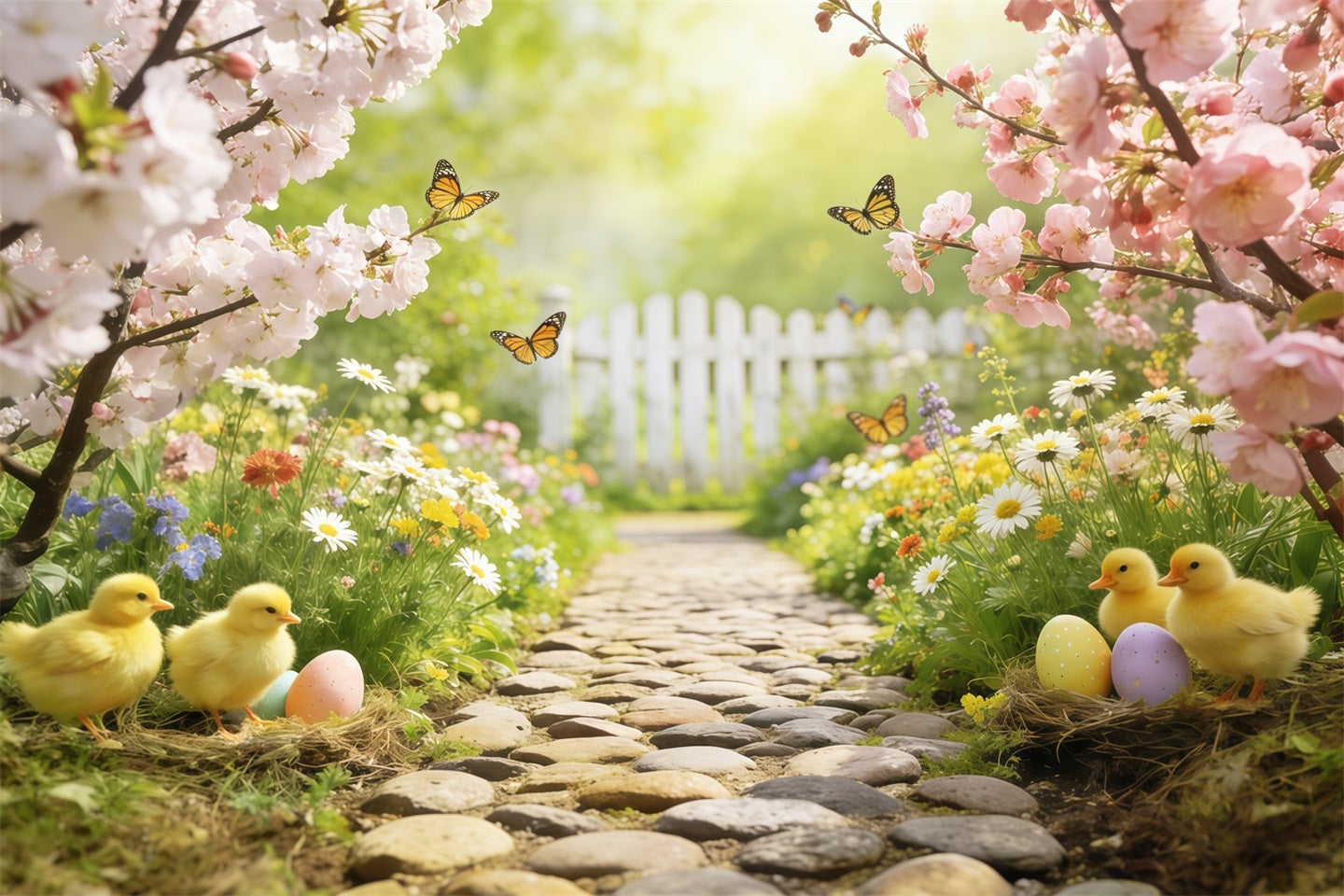Marshmallow-Küken-Hintergrund Kirschblüten-Gartenweg Osterfotografie-Hintergrund CSH63-20