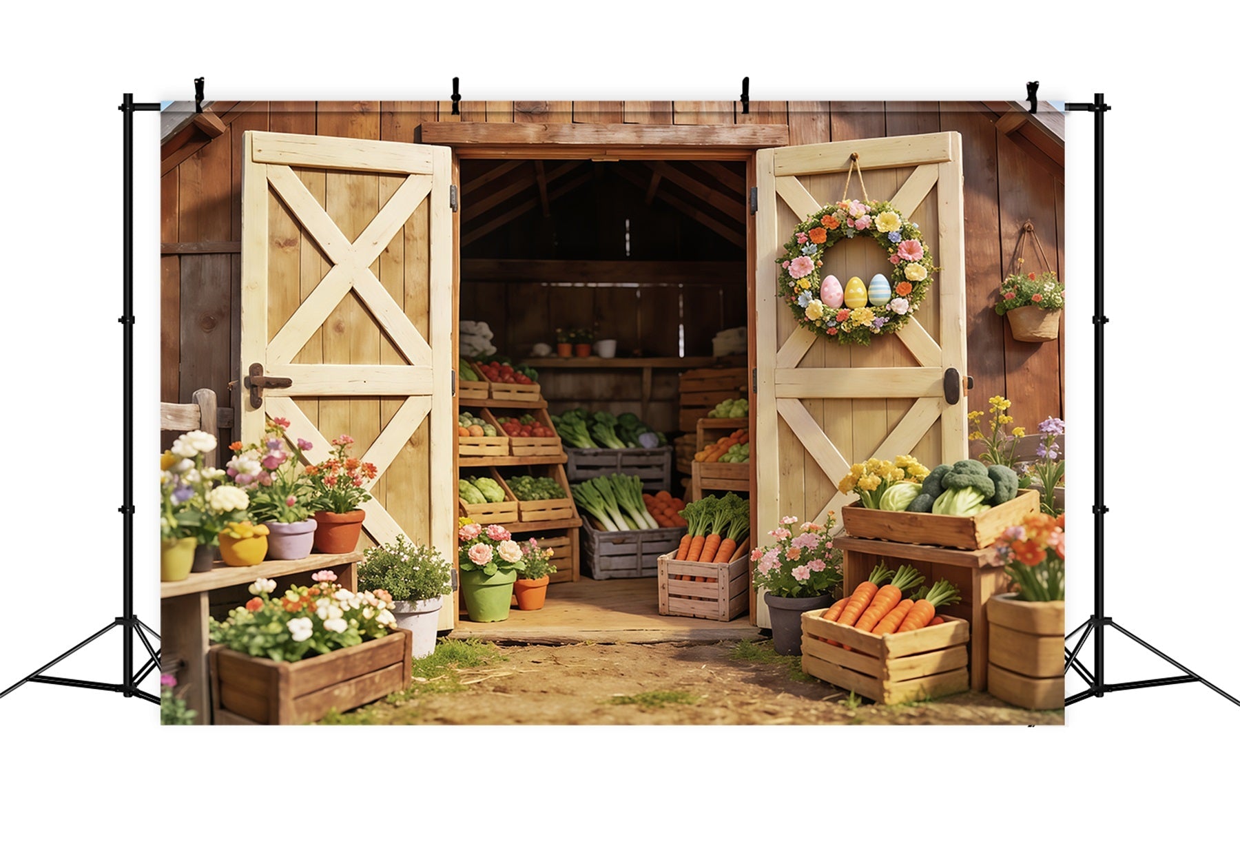 Oster-Bauernhof-Scheune-Hintergrund Frühlingsgemüse Blumenkisten Oster-Hintergrund für Fotografie CSH63-24