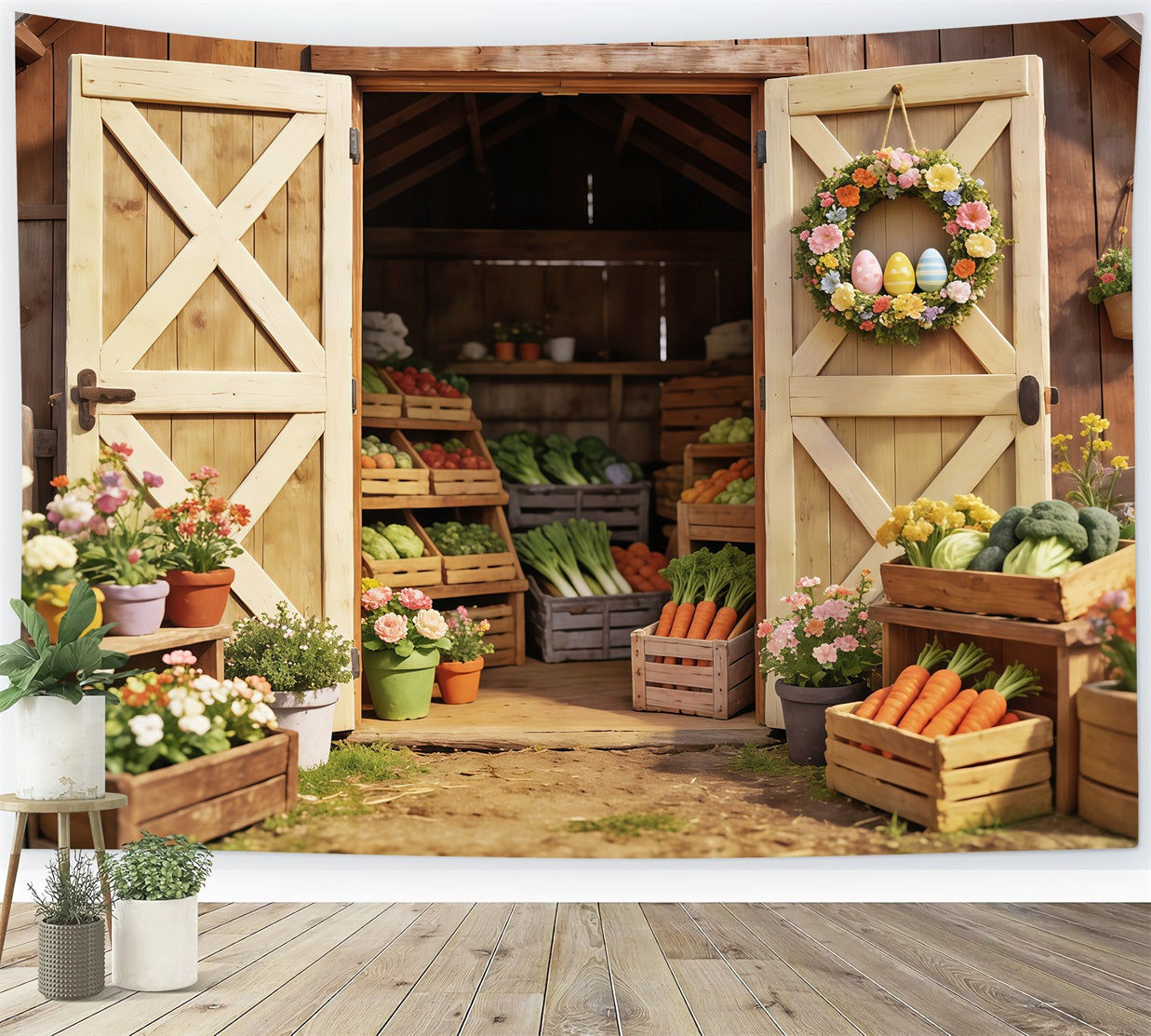 Oster-Bauernhof-Scheune-Hintergrund Frühlingsgemüse Blumenkisten Oster-Hintergrund für Fotografie CSH63-24