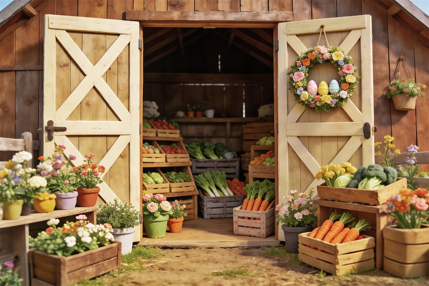 Oster-Bauernhof-Scheune-Hintergrund Frühlingsgemüse Blumenkisten Oster-Hintergrund für Fotografie CSH63-24