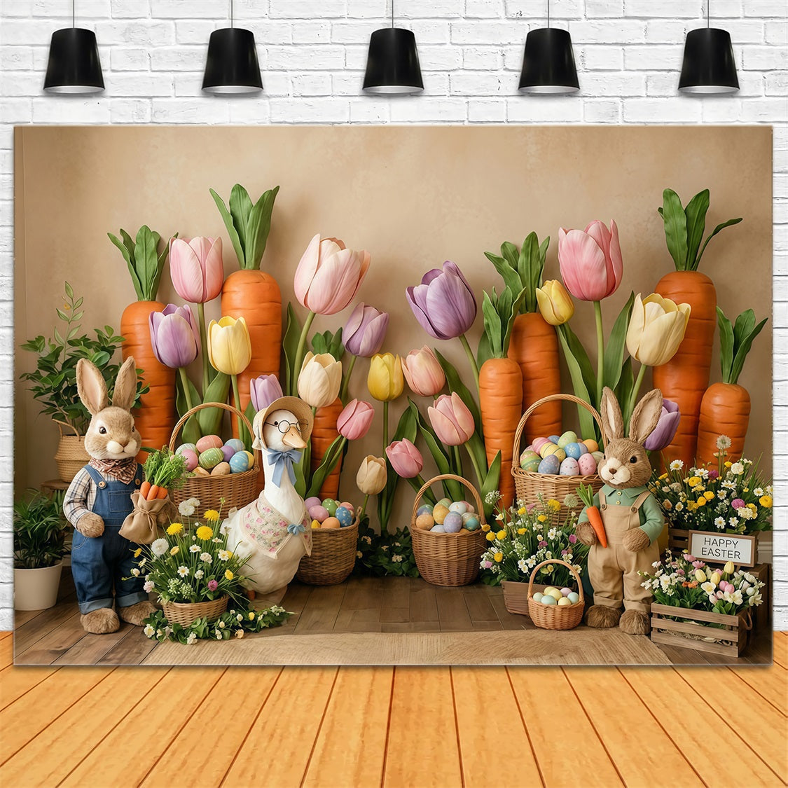 Karottenhintergrund Tulpen Wildblumen Hase Entenei-Korb Osterhintergründe CSH63-3
