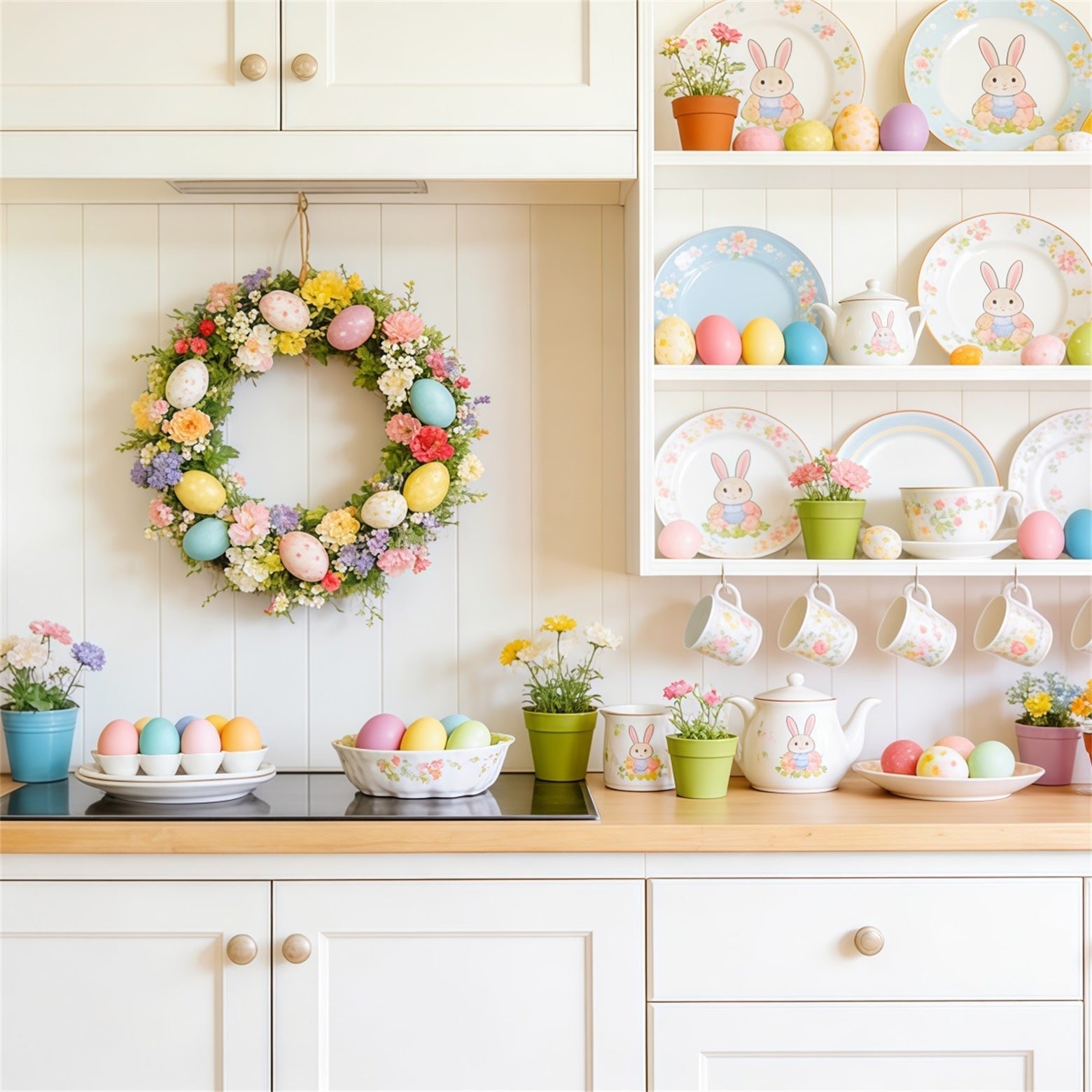 Oster-Dessert-Tisch-Hintergrund Küchengeschirr Pastell-Eier Foto-Hintergründe für Ostern CSH63-35