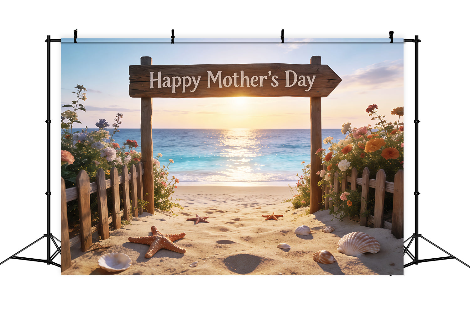 Muttertags-Schriftzug-Hintergrund, Sonnenuntergangsstrand-Schild, Blumen-Fotohintergrund zum Muttertag CSH63-66