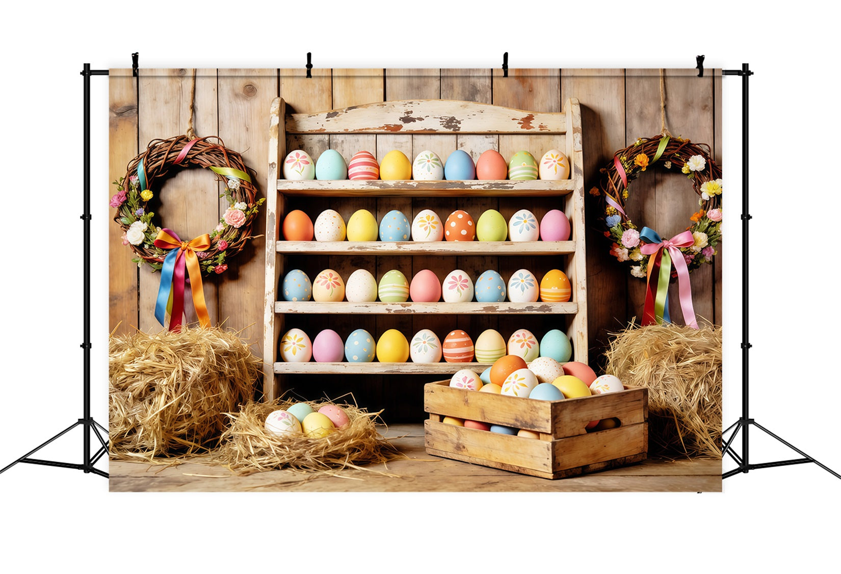 Oster-Scheune-Hintergrund Bauernhaus Bunte Eier Heu Oster-Hintergründe für die Fotografie CSH63-7