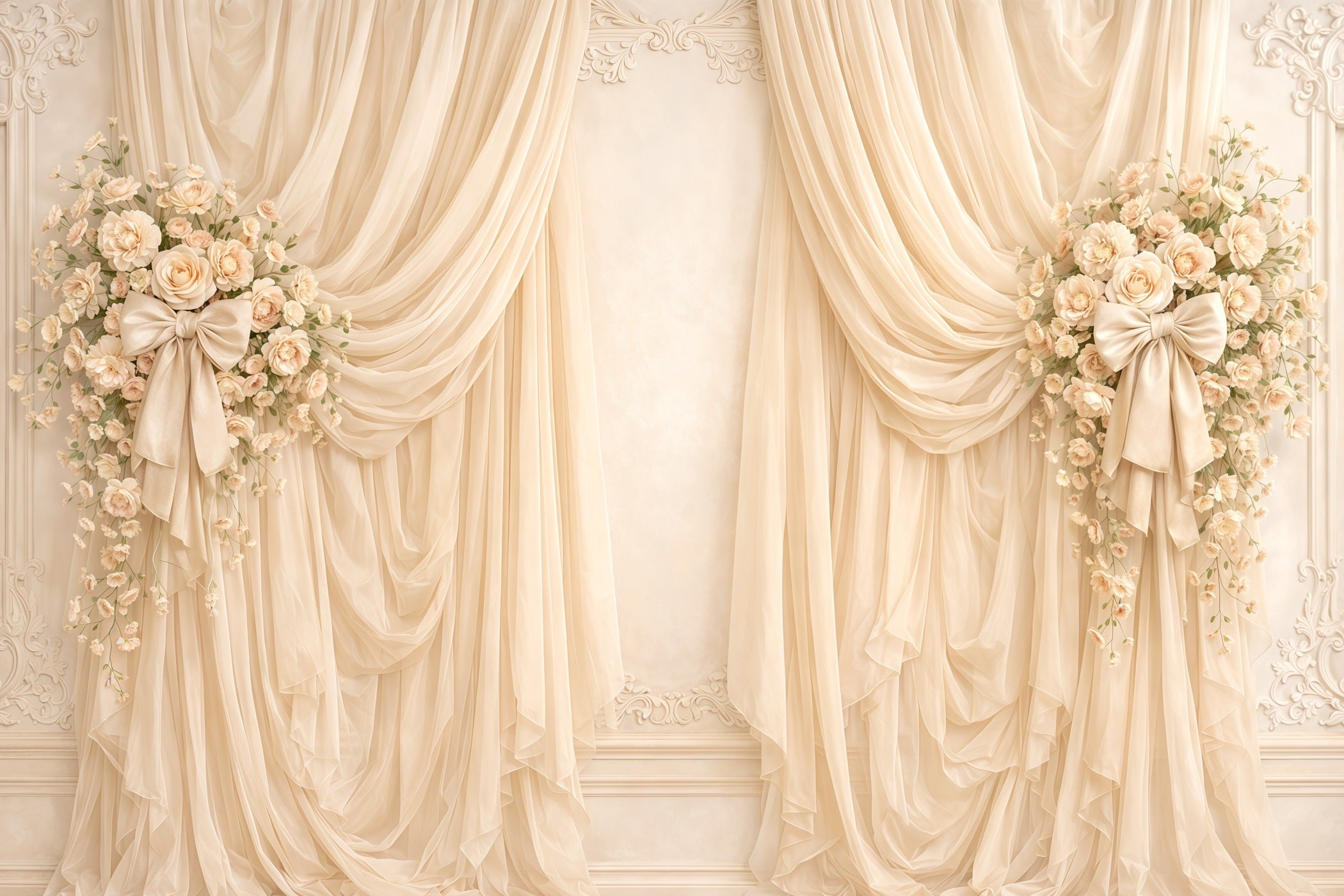 Hintergrund mit Schleife zum Muttertag, elfenbeinfarbener Vorhang, florale Schleife, Muttertags-Hintergrund CSH63-70