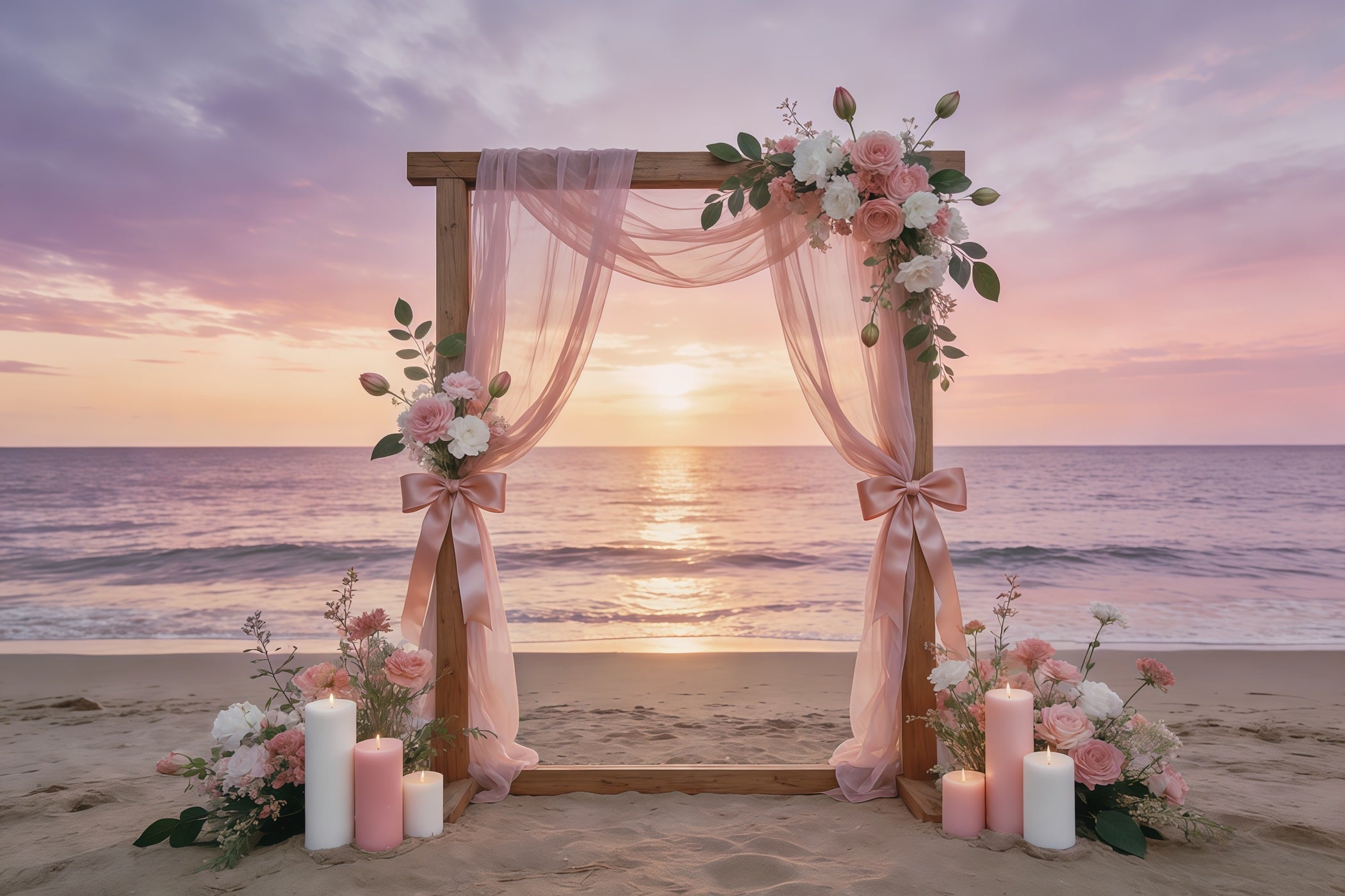Muttertags-Hintergrund mit Schleife, rosafarbenem Küsten-Sonnenuntergangsmotiv und Blumenbogen CSH63-72