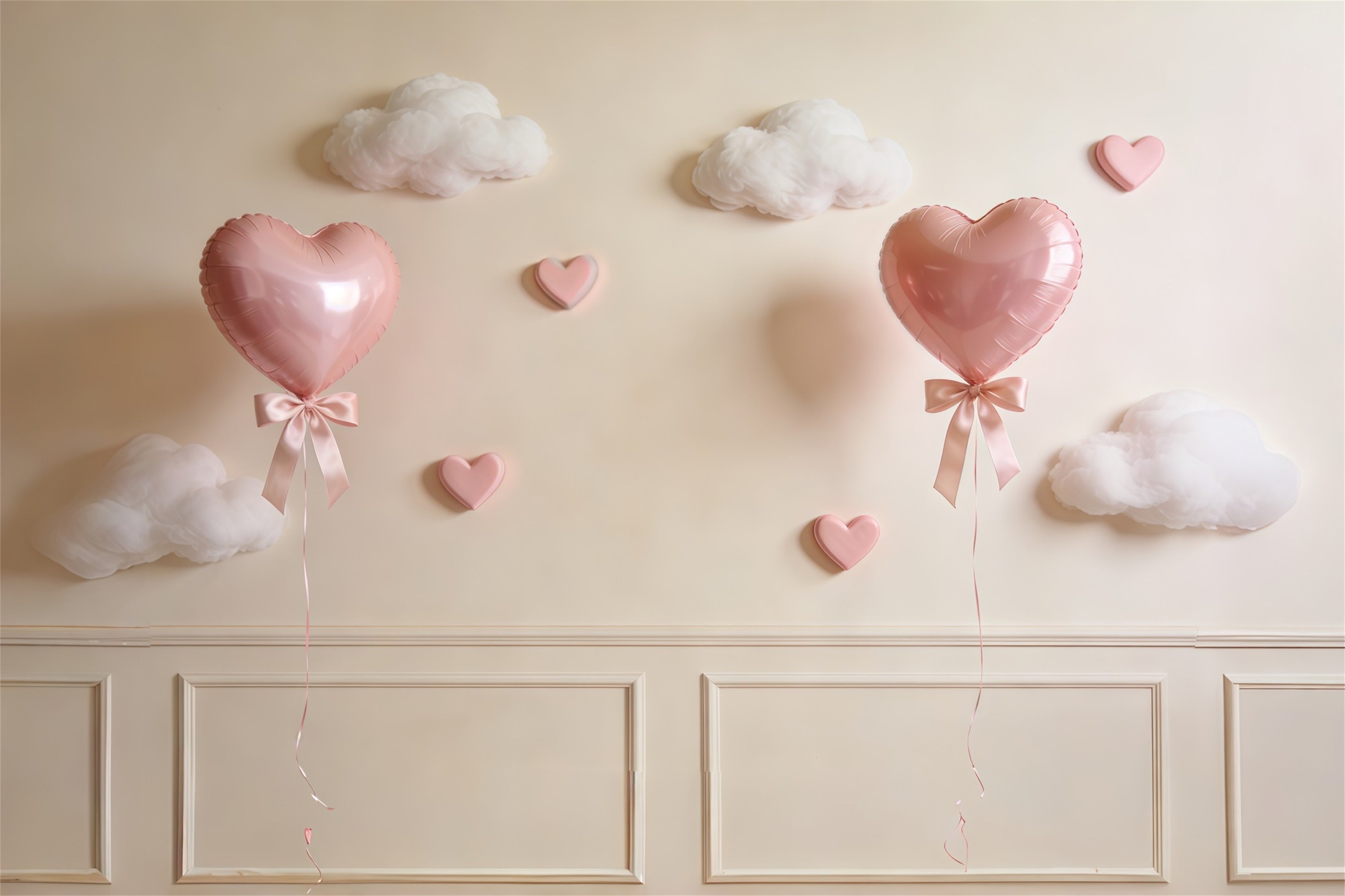 Muttertags-Hintergrund mit Schleife, rosa Herz, Ballon und Wolkenwand CSH63-74