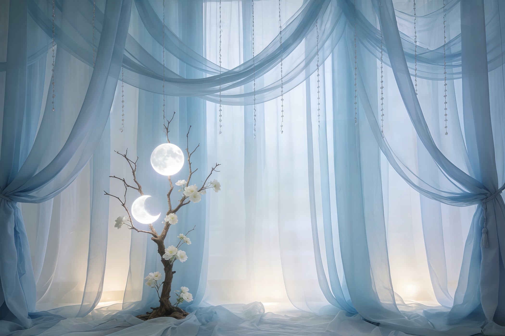 Transparente Vorhänge, Muttertags-Hintergrund, Himmelblauer, mondbeschienener, drapierter Baum, Muttertags-Hintergründe CSH63-76