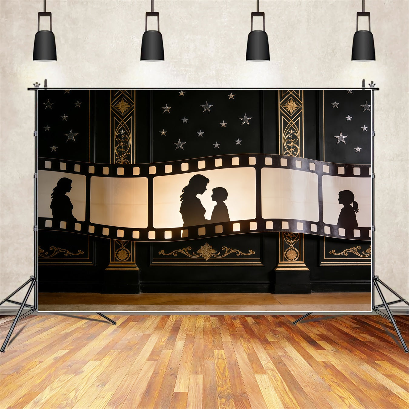 Mutter-Tochter-Silhouette, Muttertags-Hintergrund, Goldener Filmstreifen, Art-Deco-Muttertags-Hintergrund CSH63-81