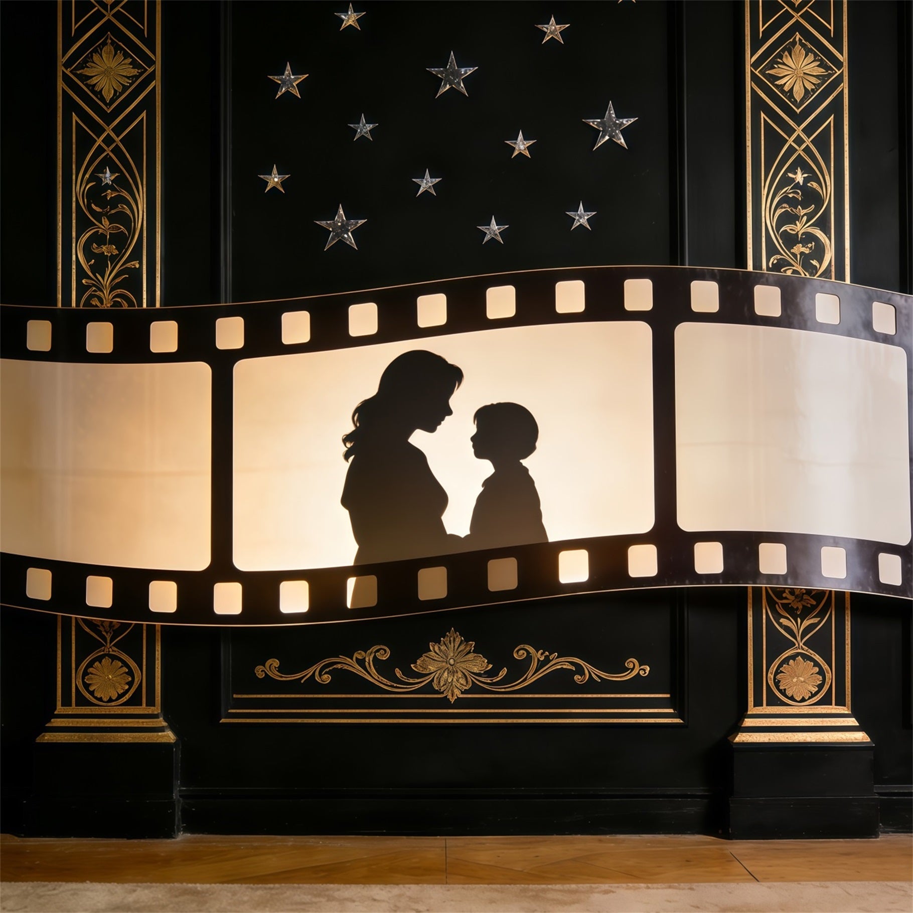Mutter-Tochter-Silhouette, Muttertags-Hintergrund, Goldener Filmstreifen, Art-Deco-Muttertags-Hintergrund CSH63-81