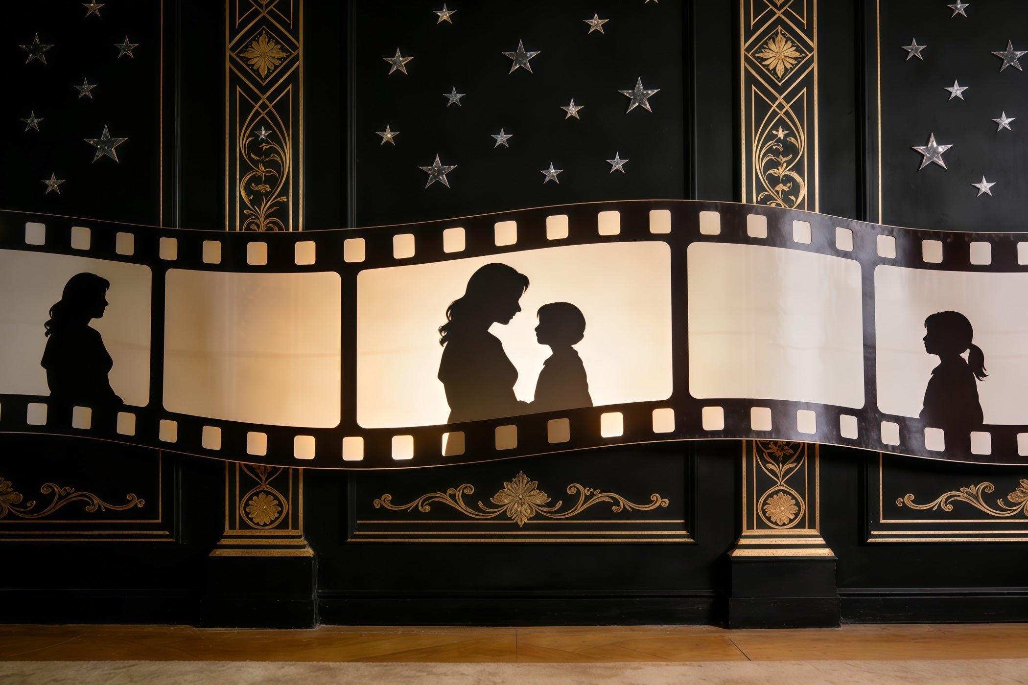Mutter-Tochter-Silhouette, Muttertags-Hintergrund, Goldener Filmstreifen, Art-Deco-Muttertags-Hintergrund CSH63-81