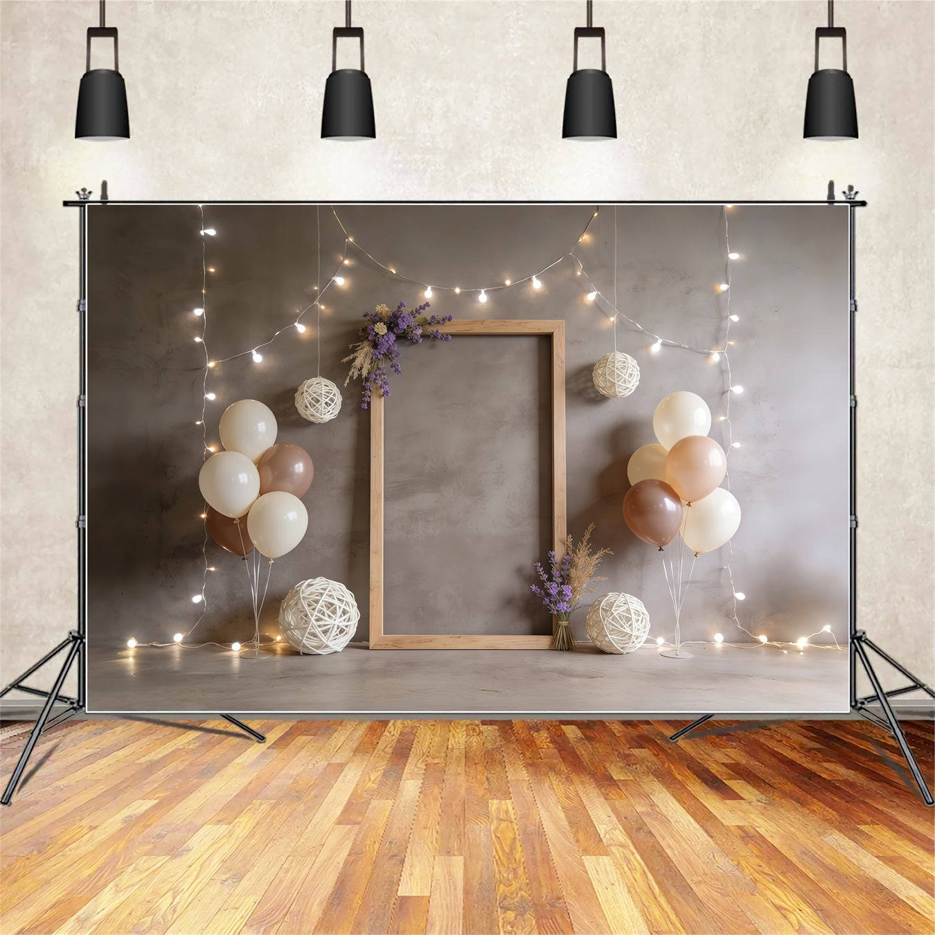 Lavendelstrauß, rustikaler Rahmen, Ballons, Lichterkette, Hintergrund zum Muttertag CSH63-85