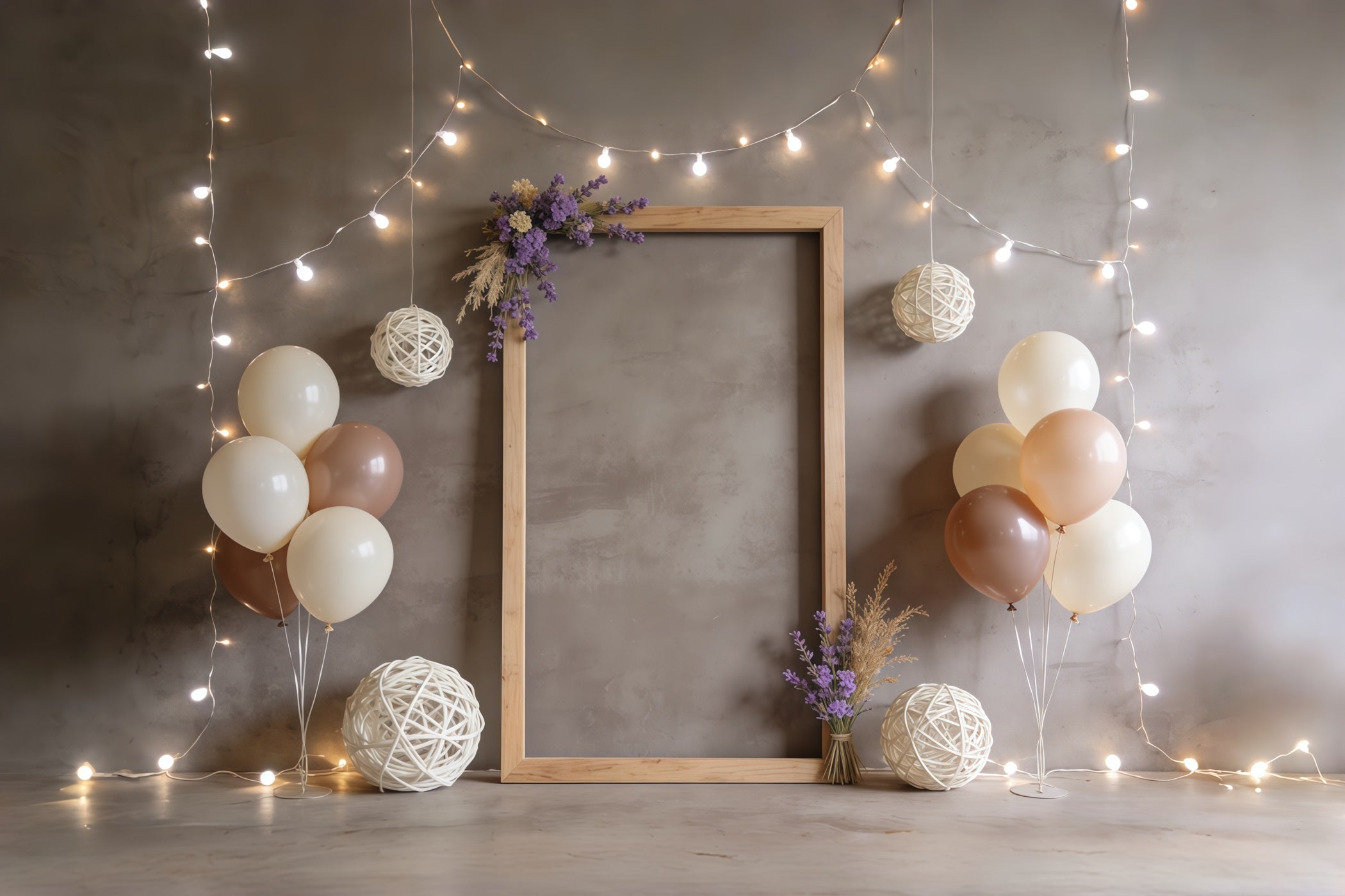 Lavendelstrauß, rustikaler Rahmen, Ballons, Lichterkette, Hintergrund zum Muttertag CSH63-85