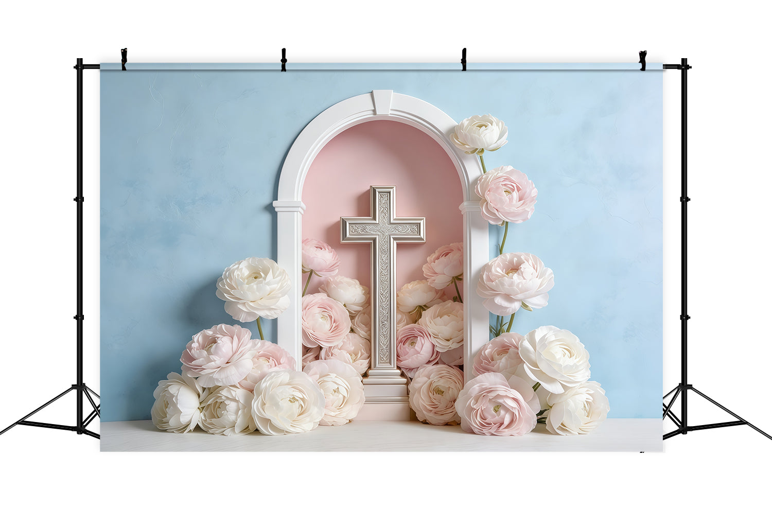 Hintergrundkulisse zum Muttertag für Kirchen, pastellfarbenes Blumenkreuz-Bogen-Design, Muttertag CSH63-92