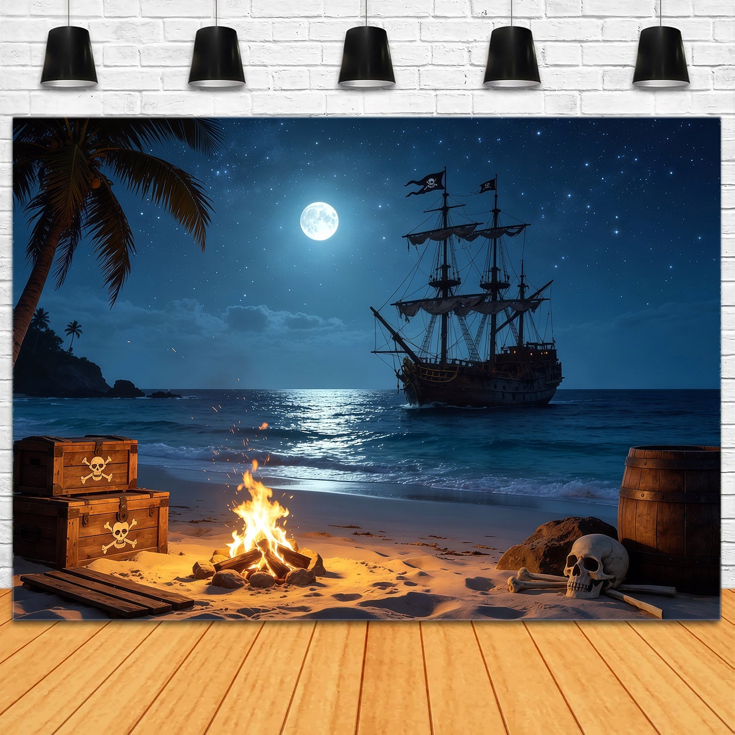 Karibische Kulisse, tropischer Piratenstrand, Lagerfeuer, Schatz, Sommerkulissen CSH64-79