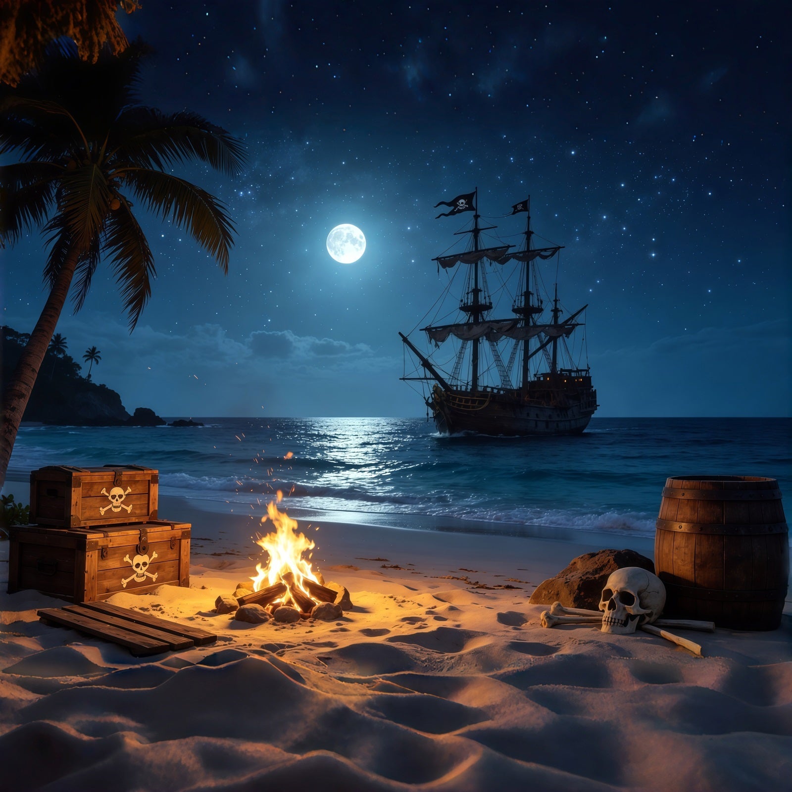 Karibische Kulisse, tropischer Piratenstrand, Lagerfeuer, Schatz, Sommerkulissen CSH64-79