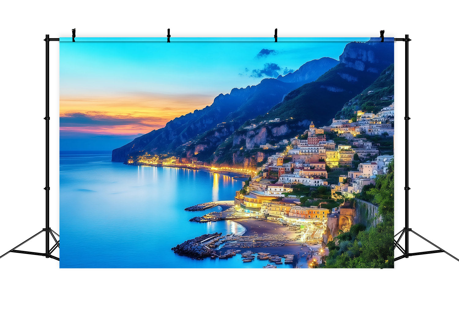 Amalfi-Küste, Positano-Küste, Dorf bei Sonnenuntergang, Sommer-Fotohintergründe CSH64-82