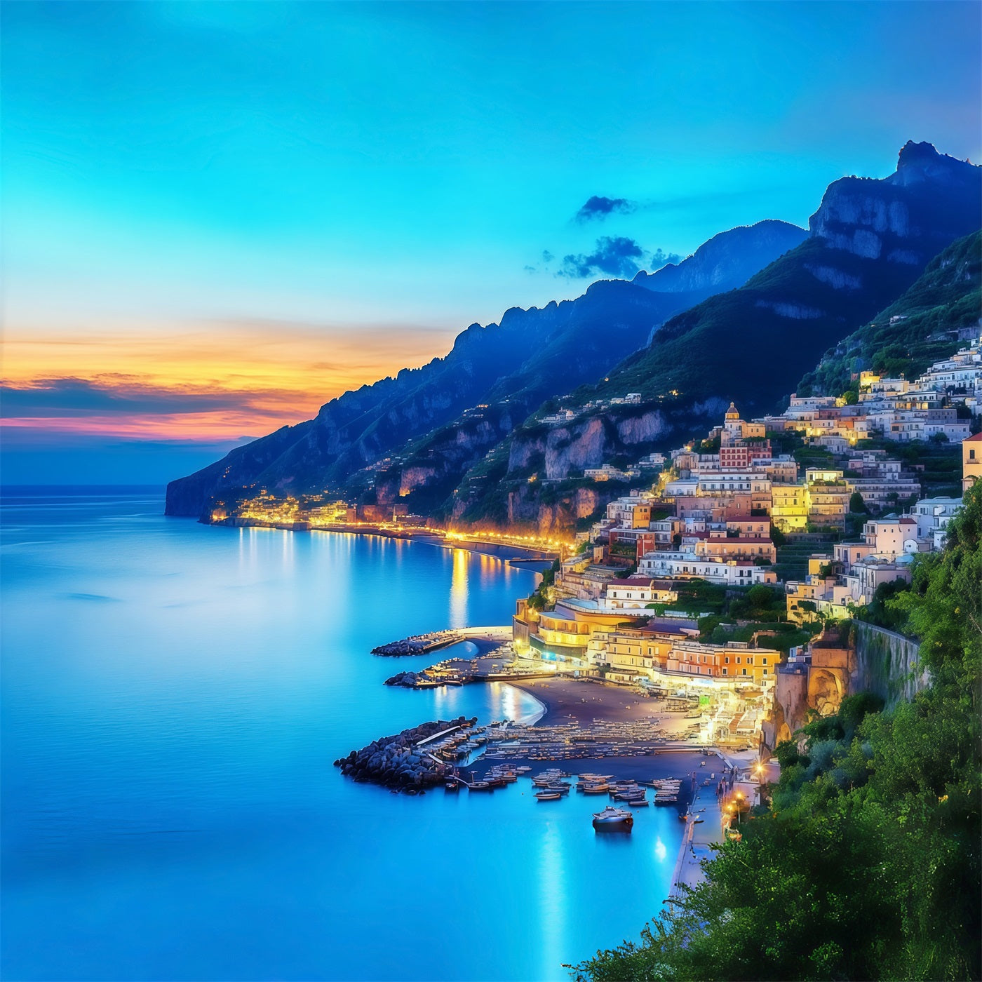 Amalfi-Küste, Positano-Küste, Dorf bei Sonnenuntergang, Sommer-Fotohintergründe CSH64-82