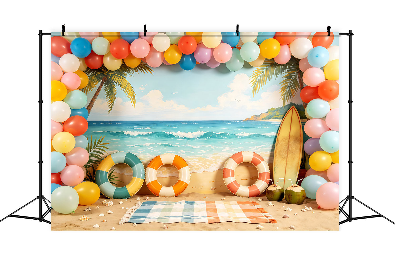 Strandkulisse, pastellfarbener Ballonbogen, Surfbrett, Sommerkulissen-Ideen CSH64-84