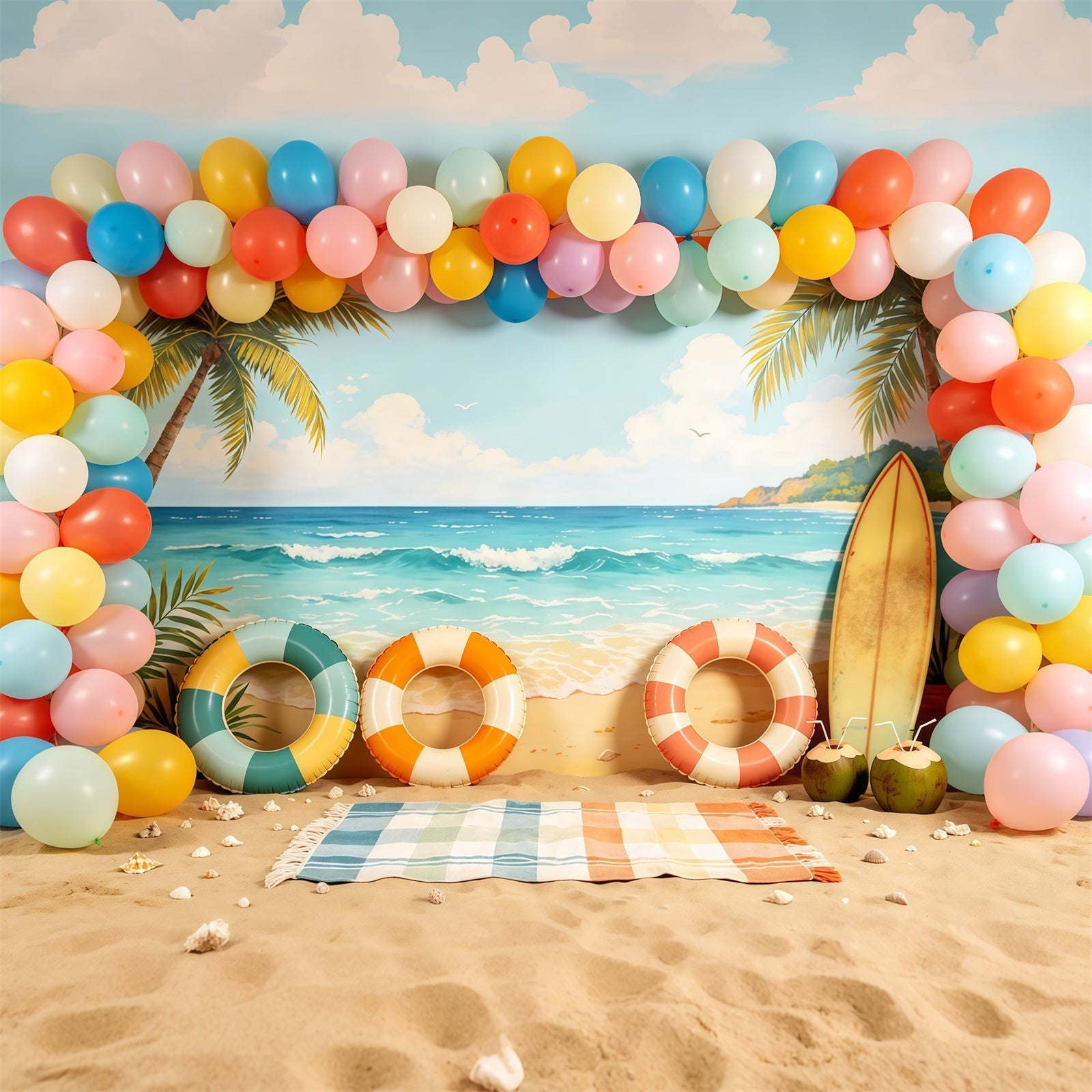 Strandkulisse, pastellfarbener Ballonbogen, Surfbrett, Sommerkulissen-Ideen CSH64-84