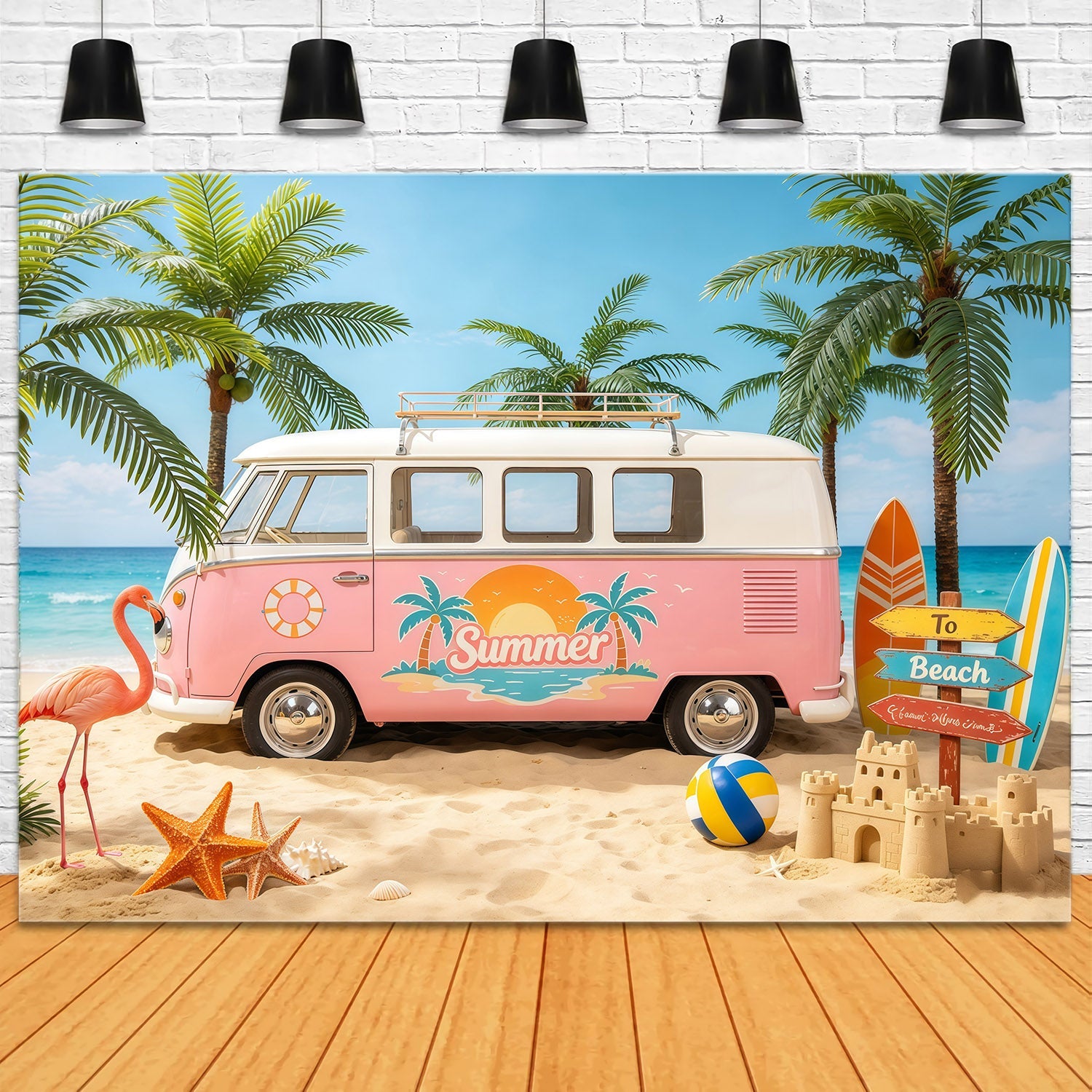 Strandkulisse, Retro-Van, Palmenparadies, Strandfotohintergrund CSH64-85