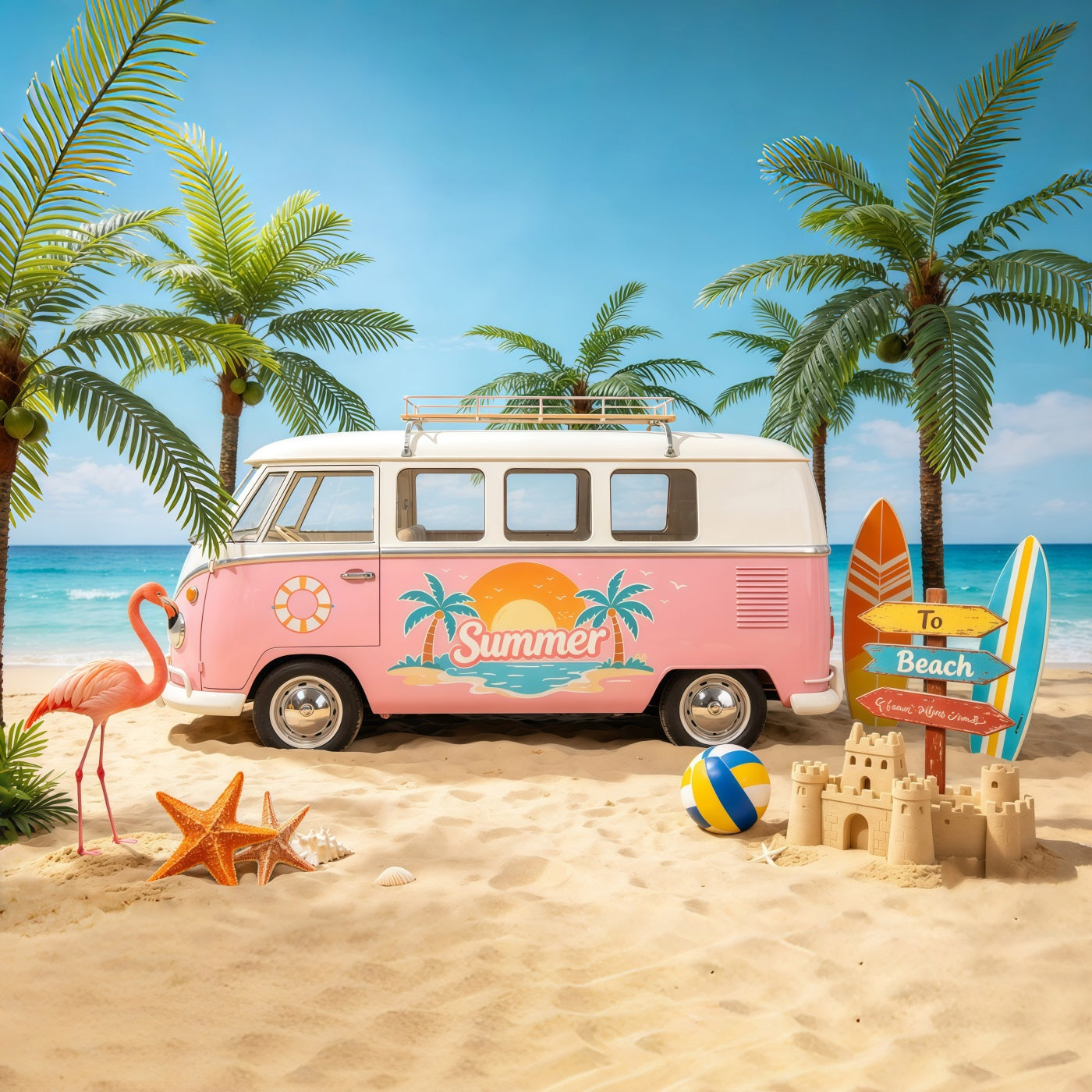 Strandkulisse, Retro-Van, Palmenparadies, Strandfotohintergrund CSH64-85
