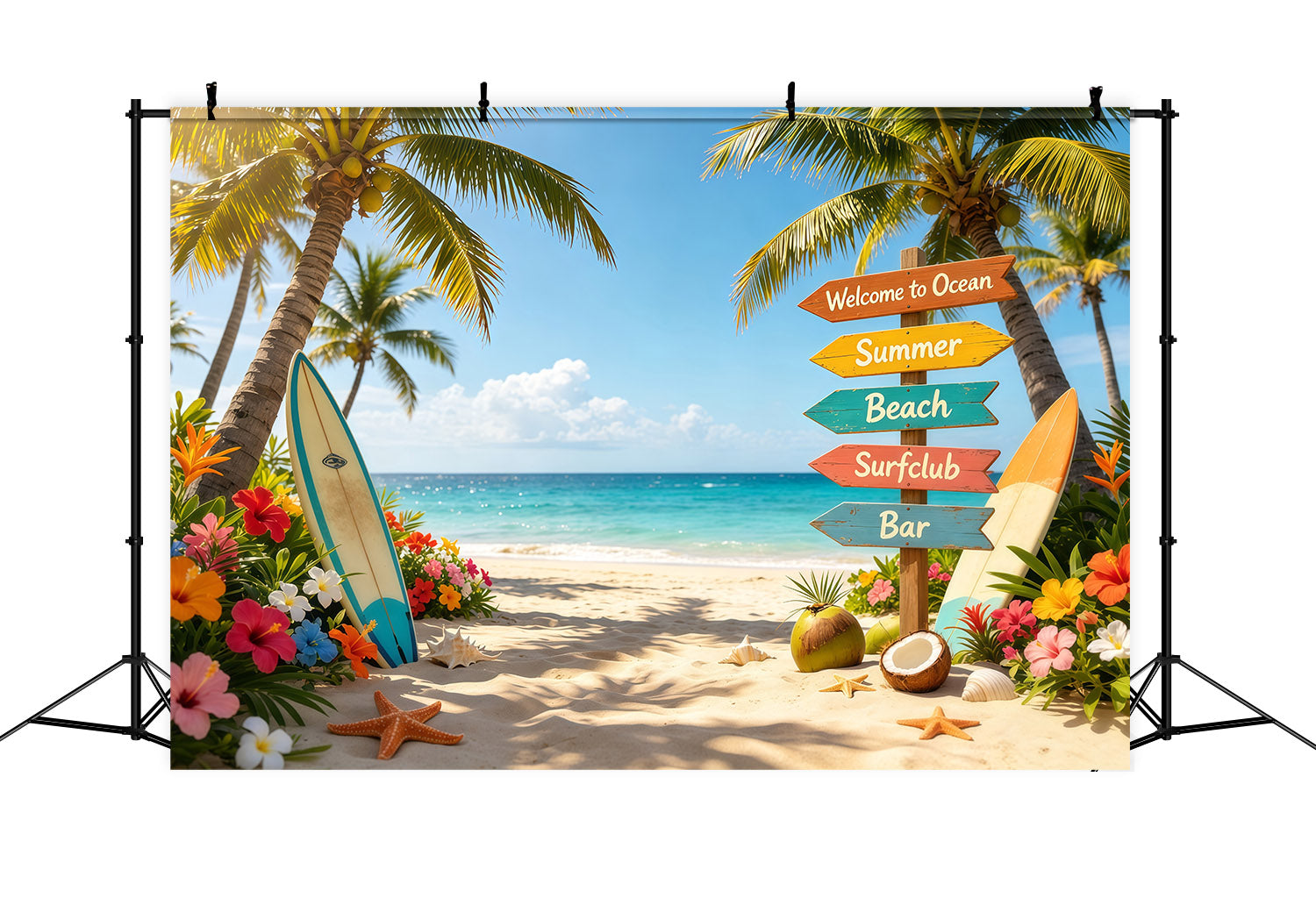 Strandkulisse, tropisches Schild, Surfbrett, Blume, Strand, Sommerkulisse – Ideen CSH64-91