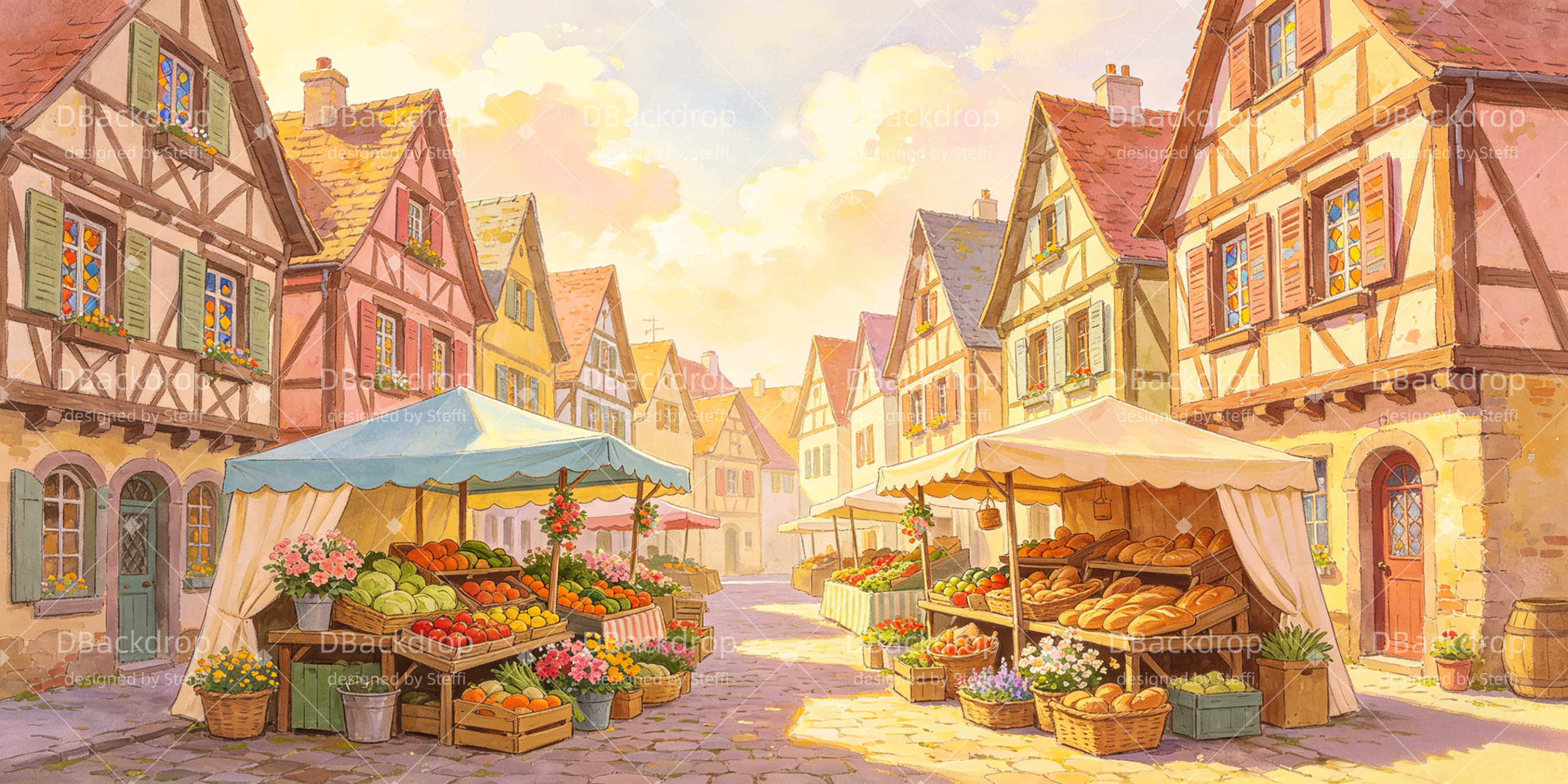 Bauernmarkt-Hintergrund Pastellfarbene Stadt Bäckerstraße VBS-Hintergründe CSH64-T6