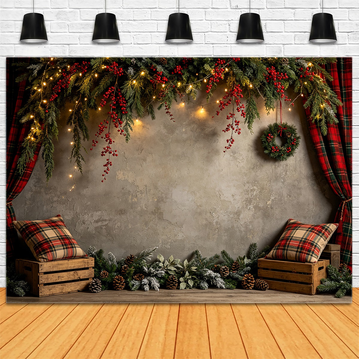 Weihnachtswand-Hintergrund Rustikale Wand Mit Karogirlande Weihnachtsfotohintergrund CSH68-60