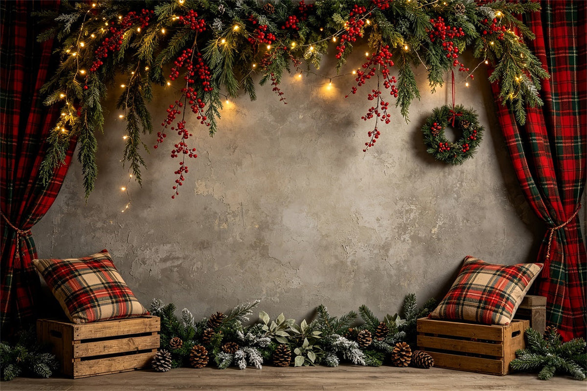 Weihnachtswand-Hintergrund Rustikale Wand Mit Karogirlande Weihnachtsfotohintergrund CSH68-60