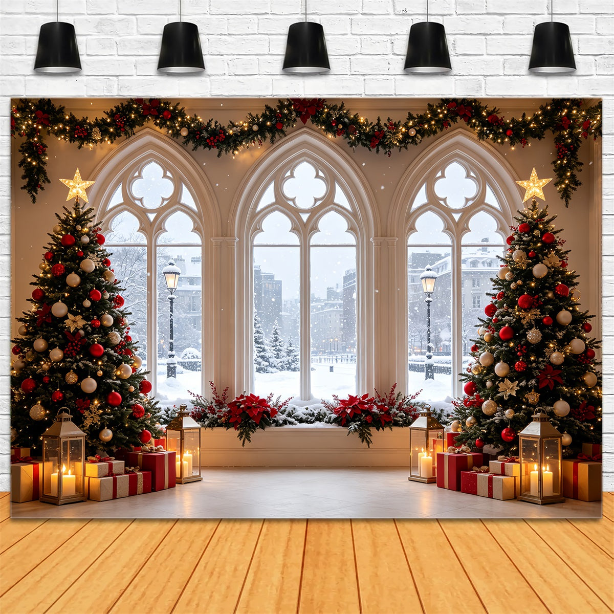 Weihnachtsfenster-Hintergrund Schneebedeckte Gotische Fensterbäume Große Weihnachtskulissen CSH68-61