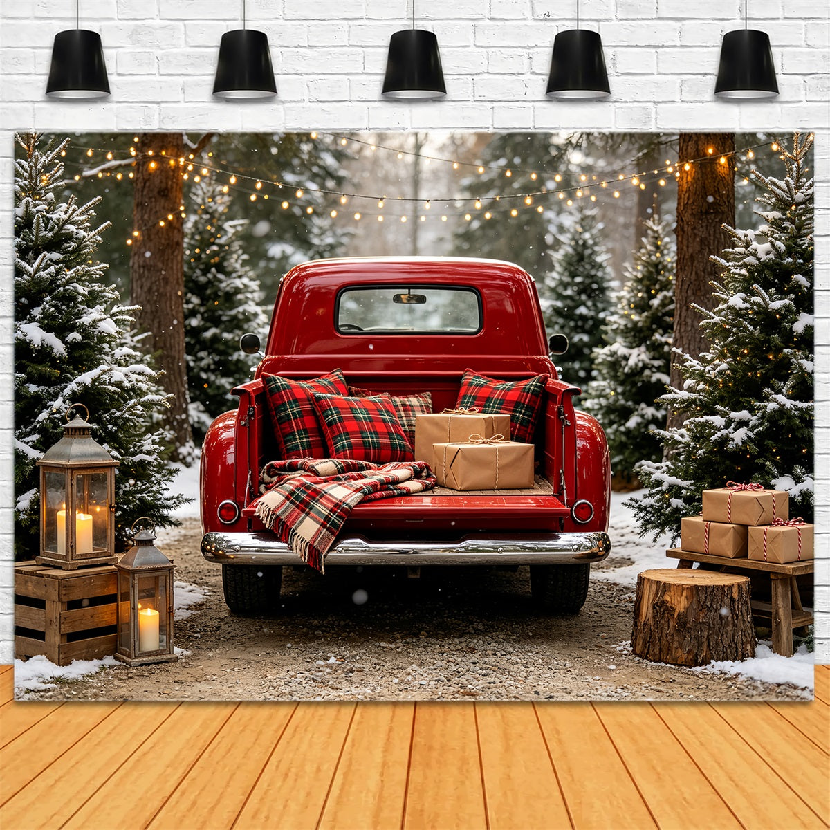 Weihnachtstruck-Hintergrund Roter Karierter Lkw-Wald Große Weihnachtskulisse CSH68-64