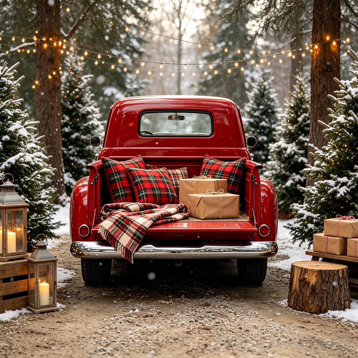 Weihnachtstruck-Hintergrund Roter Karierter Lkw-Wald Große Weihnachtskulisse CSH68-64