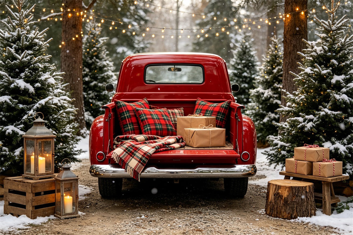 Weihnachtstruck-Hintergrund Roter Karierter Lkw-Wald Große Weihnachtskulisse CSH68-64
