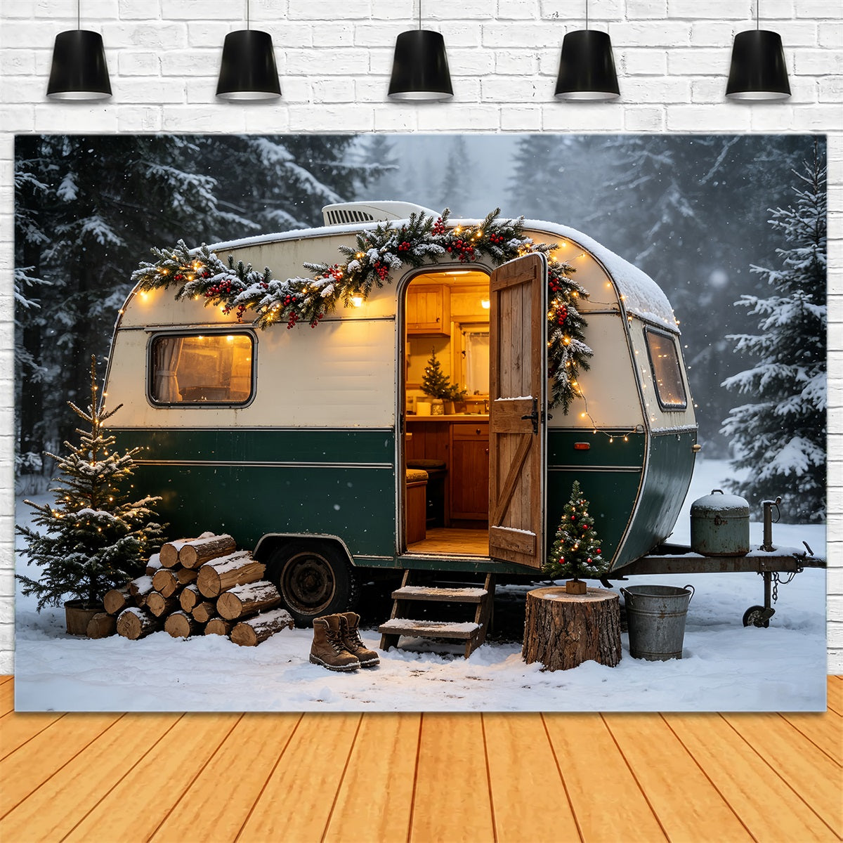 Weihnachtscamper-Fotografie-Hintergrund Vintage-Wohnmobil Woodland Weihnachtshintergründe CSH68-65