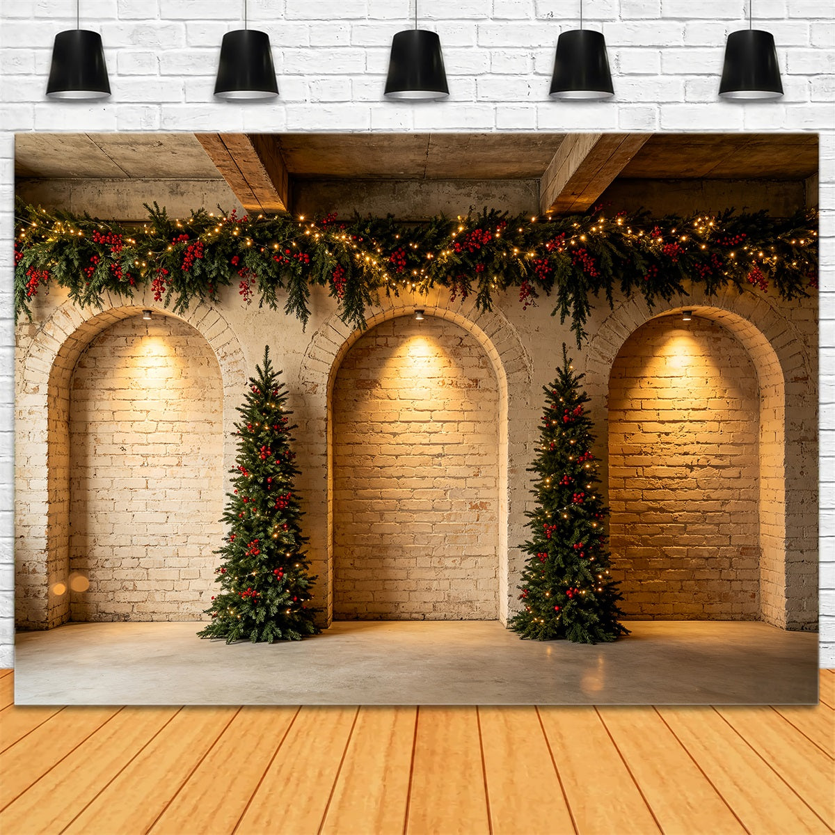 Weihnachtswand-Hintergrund Ziegelbogen-Girlandenbäume Weihnachts-Fotohintergründe CSH68-68