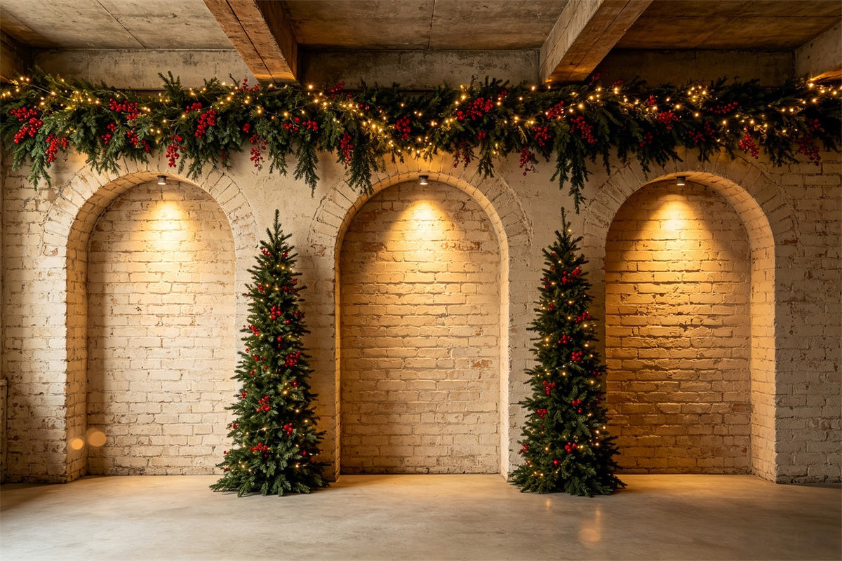 Weihnachtswand-Hintergrund Ziegelbogen-Girlandenbäume Weihnachts-Fotohintergründe CSH68-68