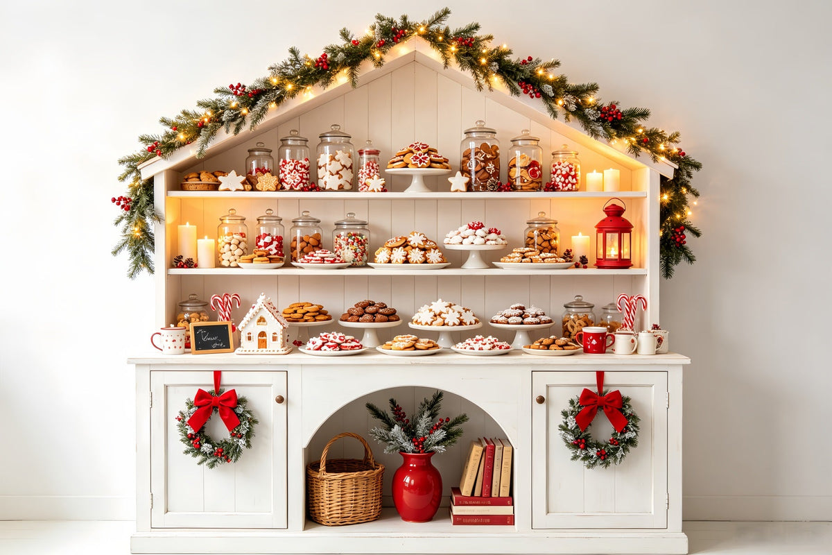 Weihnachtsbäckerei-Hintergrund Regal Für Weißes Bonbon-Cottage Weihnachtsstudio-Hintergrund CSH68-70