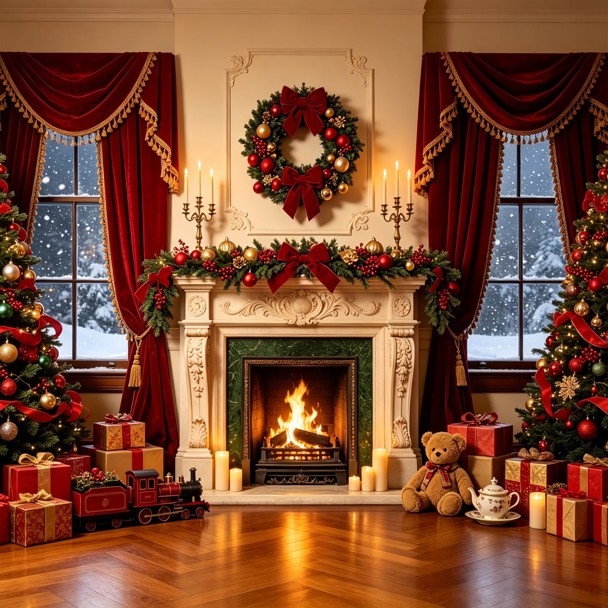 Weihnachtskamin-Hintergrund Luxuriöse Fensterdekoration Mit Bändern Weihnachtsfotohintergrund CSH68-71