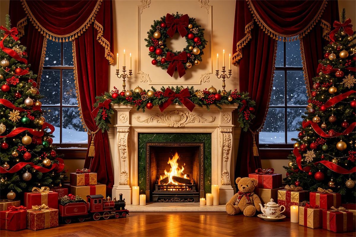 Weihnachtskamin-Hintergrund Luxuriöse Fensterdekoration Mit Bändern Weihnachtsfotohintergrund CSH68-71