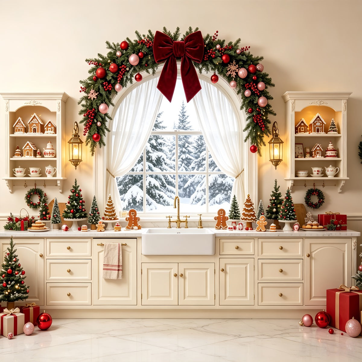Weihnachtsküchen-Hintergrund Schneebedeckter Kamingirlande Weihnachts-Studiohintergründe CSH68-76